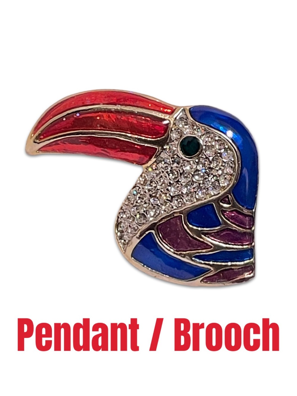 Colorful parrot/ bird  Pendant/Brooch Red Beak purple Blue sparkling large gold